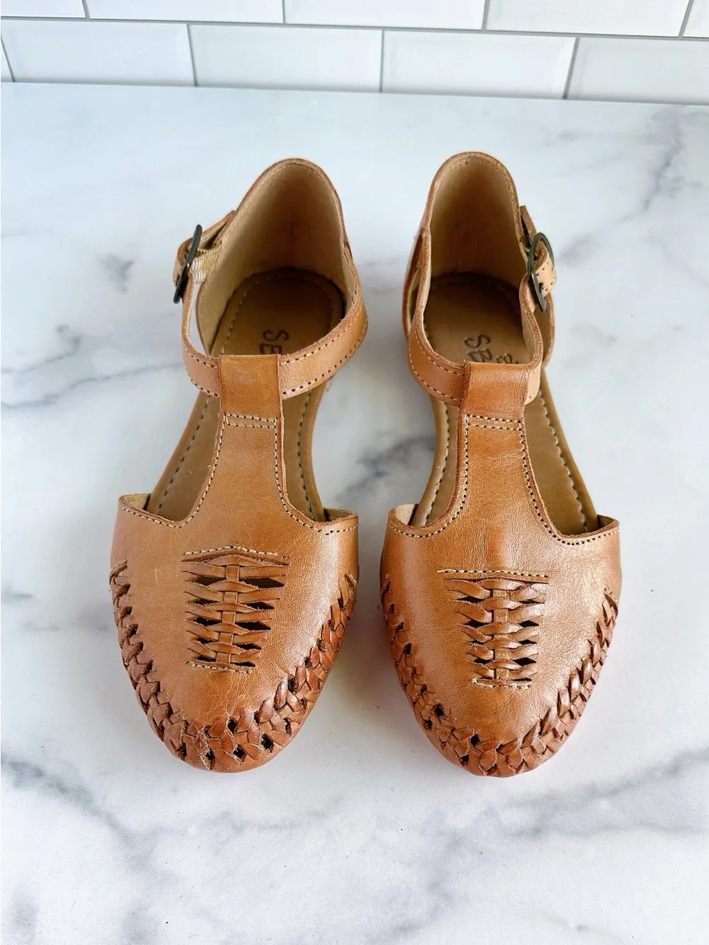 Sbicca Women's Tan Leather T-Strap Woven Flats - Picture 3 of 6